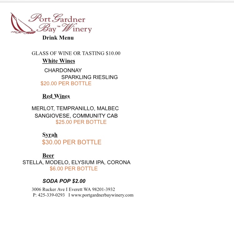 Port Gardner Bay Winery beverage menu